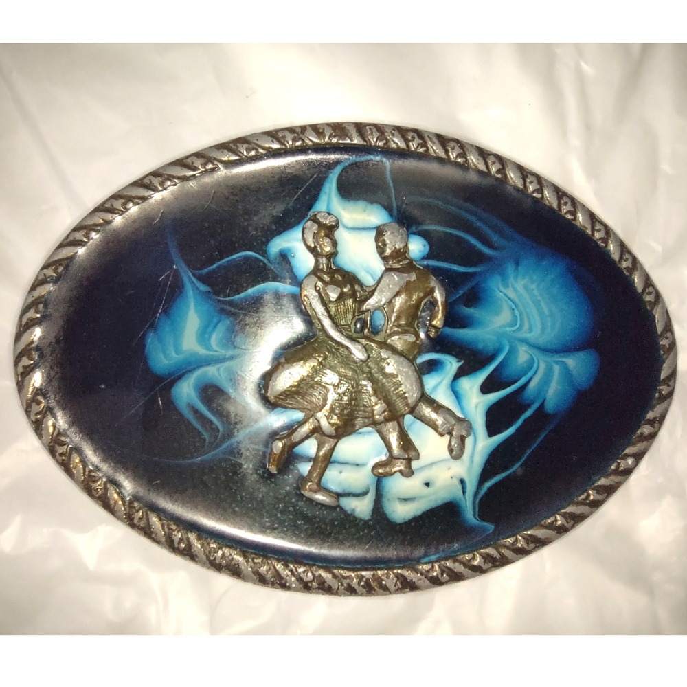 Vintage Square Dancing Belt Buckle Metal Silver Tone Blue Swirl‎ Design Men